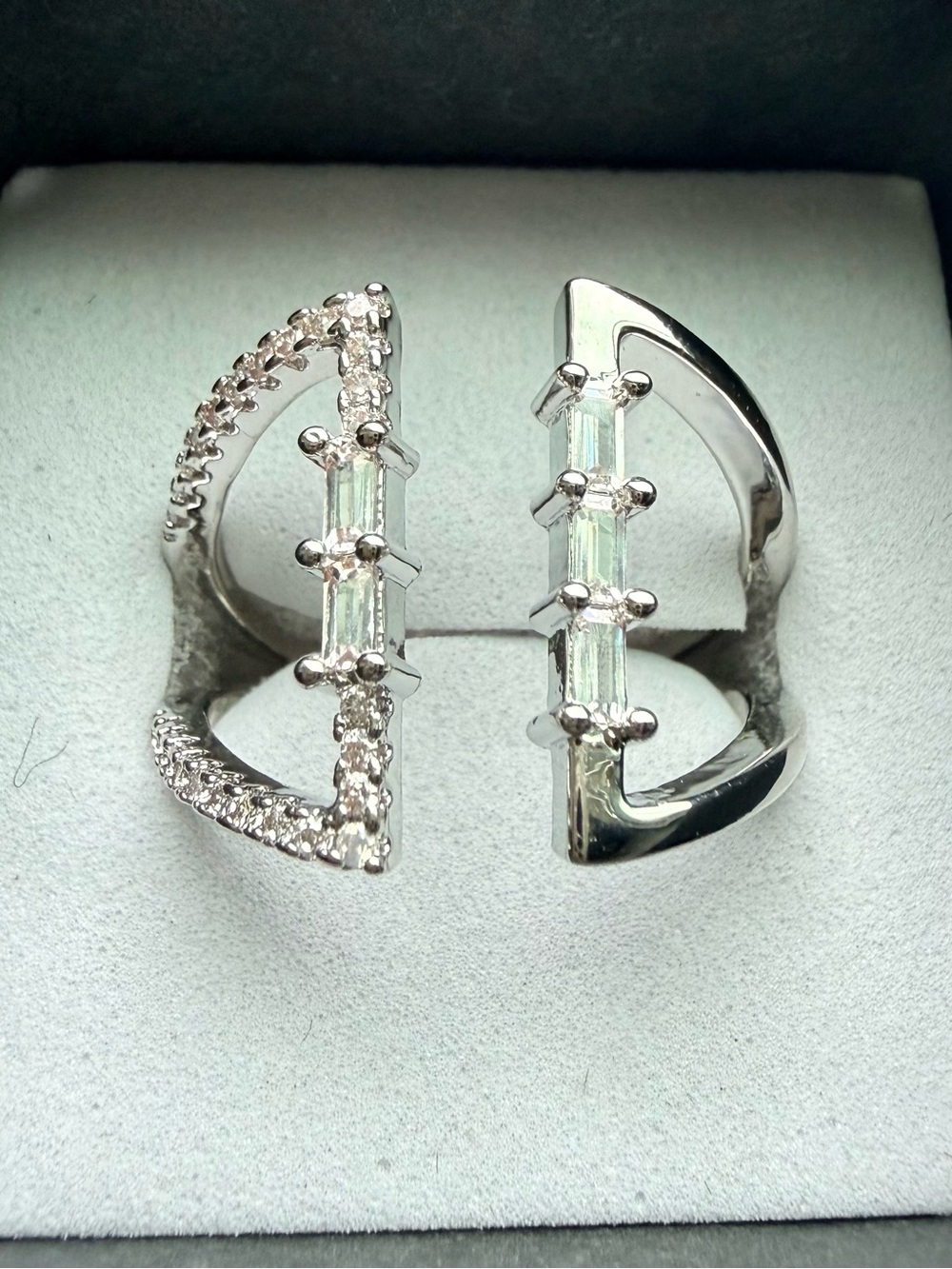 NEW! 14k White Gold Plated Open Band Ring with Baguette and Pavé Accents - White
